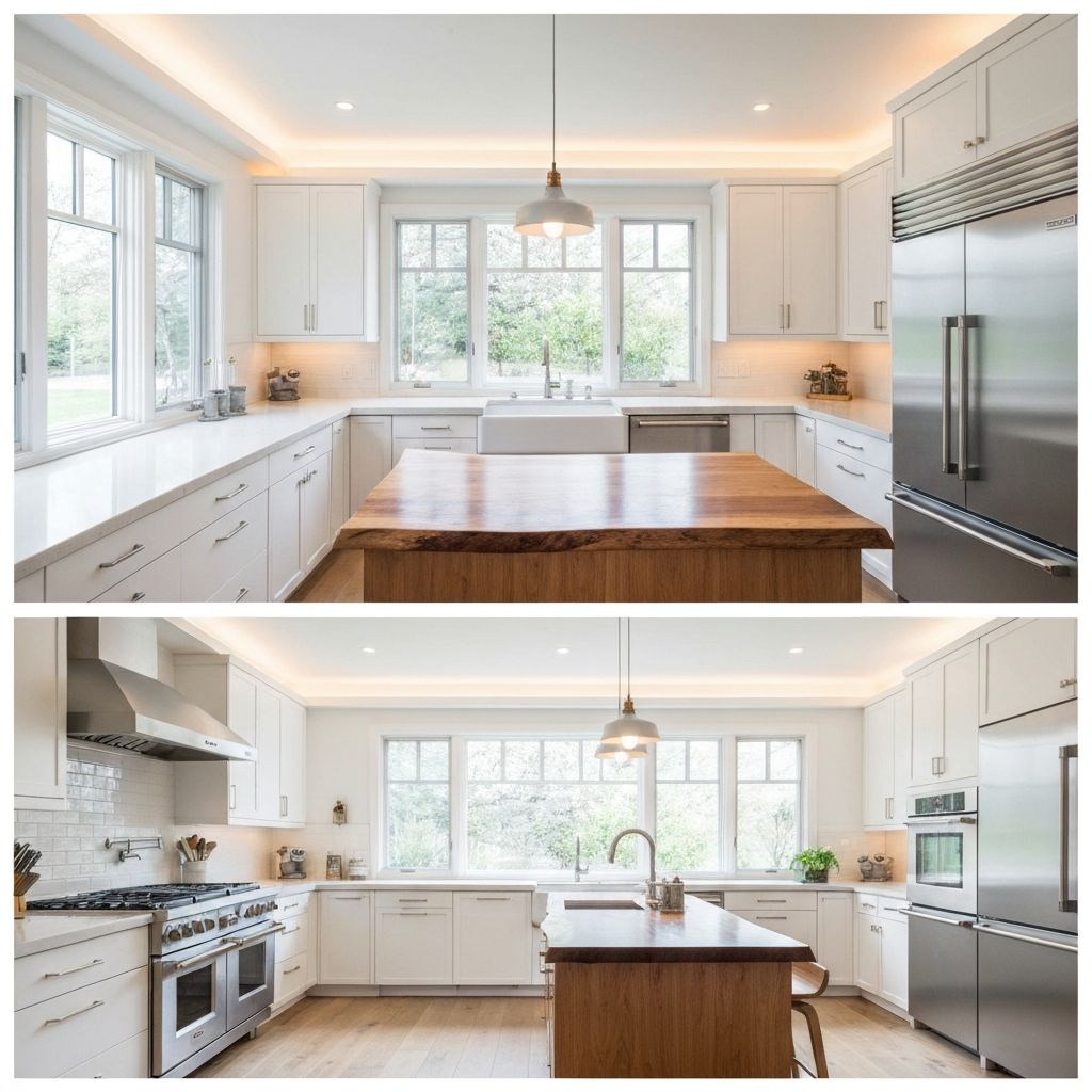 Before and after kitchen remodeling project showing construction phase and finished modern kitchen